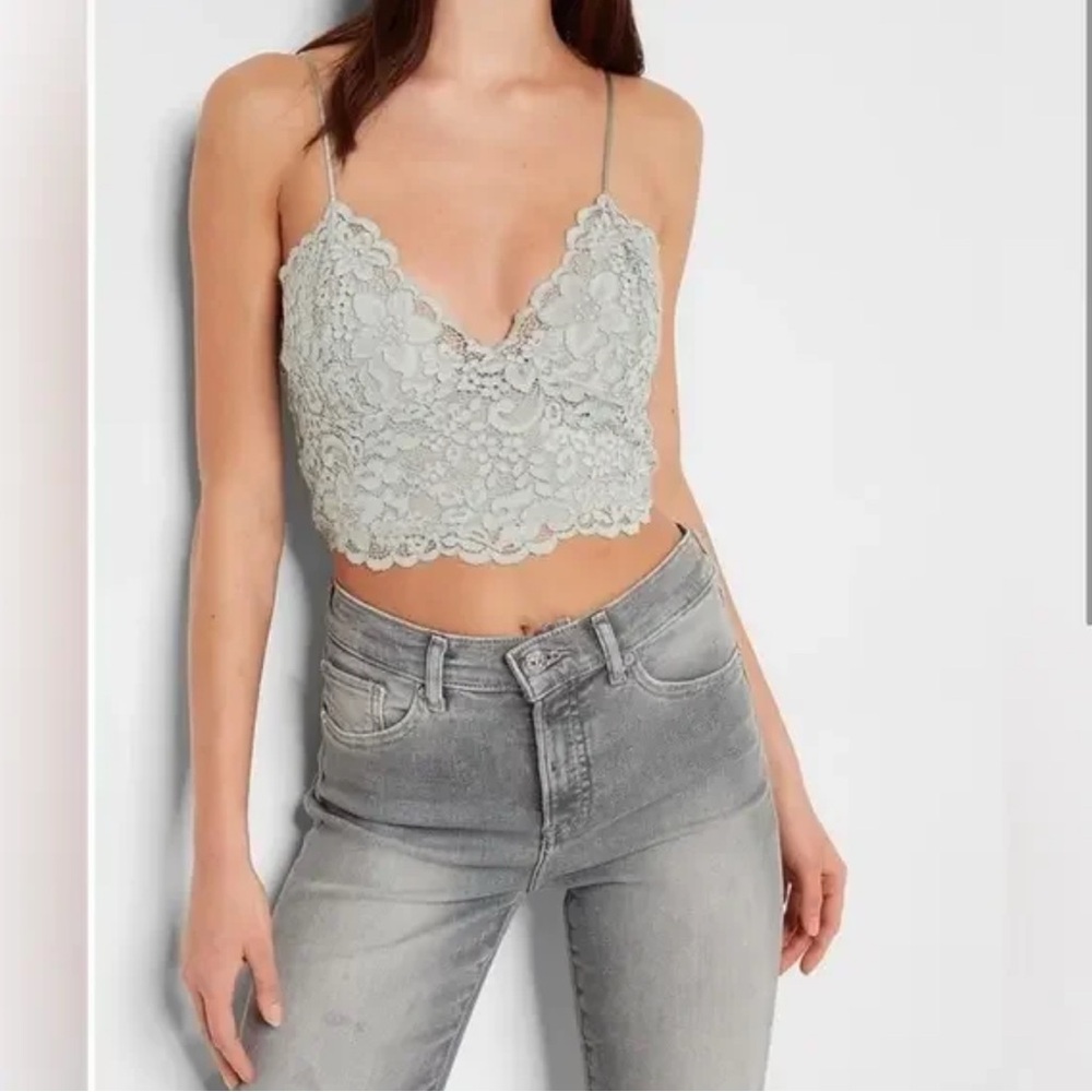 Express Lace Crop Top in Light Greenish Grey